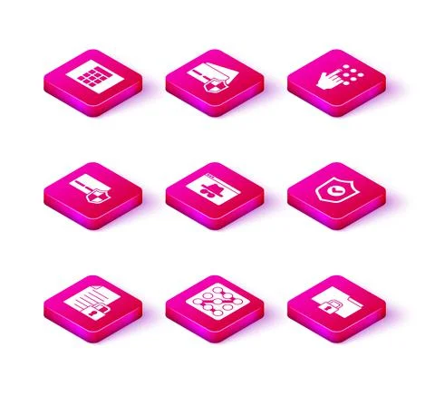 Set Document and lock, Graphic password protection, Credit card with shield Illustrazione stock