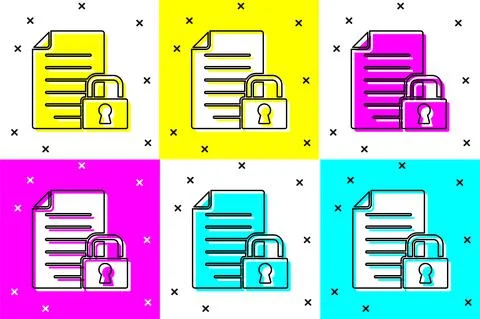 Set Document and lock icon isolated on color background. File format and padlock Stock Illustration