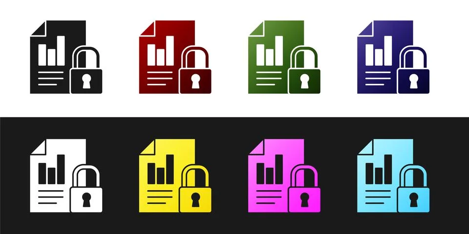 Set Document and lock icon isolated on black and white background. File format Illustrazione stock