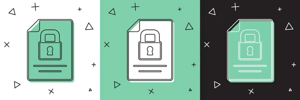 Set Document and lock icon isolated on white and green, black background. File Stock Illustration