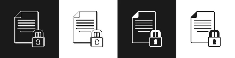 Set Document and lock icon isolated on black and white background. File format Illustrazione stock