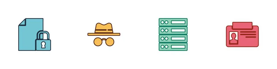Set Document and lock, Incognito mode, Server, Data, Web Hosting and 스톡 일러스트