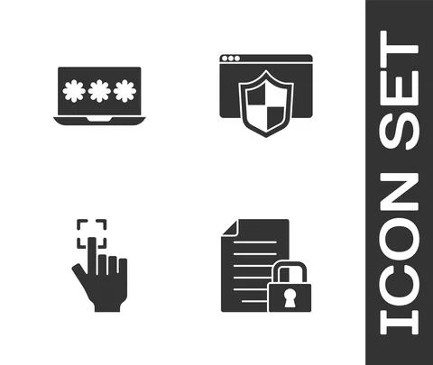 Set Document and lock, Laptop with password, Fingerprint and Browser shield icon Illustrazione stock