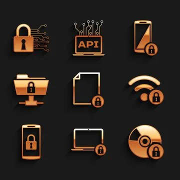 Set Document and lock, Laptop, CD or DVD disk with, Wifi locked, Smartphone and Illustrazione stock