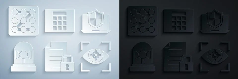 Set Document and lock, Laptop protected with shield, Flasher siren, Eye scan Illustrazione stock