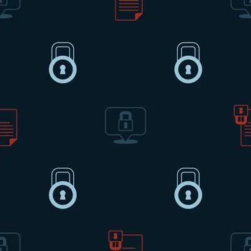 Set Document and lock, Lock and on seamless pattern. Vector Stock Illustration