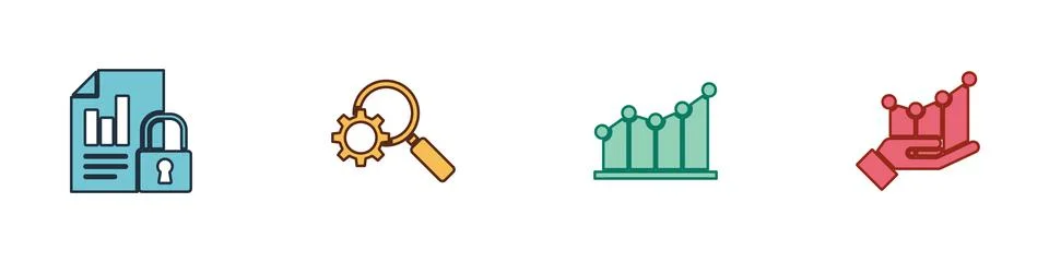 Set Document and lock, Magnifying glass gear, Pie chart infographic and icon 스톡 일러스트