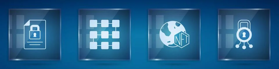 Set Document and lock, NFT blockchain technology, Digital crypto art and Cyber Stock Illustration