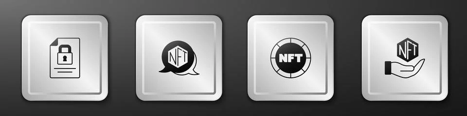 Set Document and lock, NFT Digital crypto art, and icon. Silver square button Stock Illustration