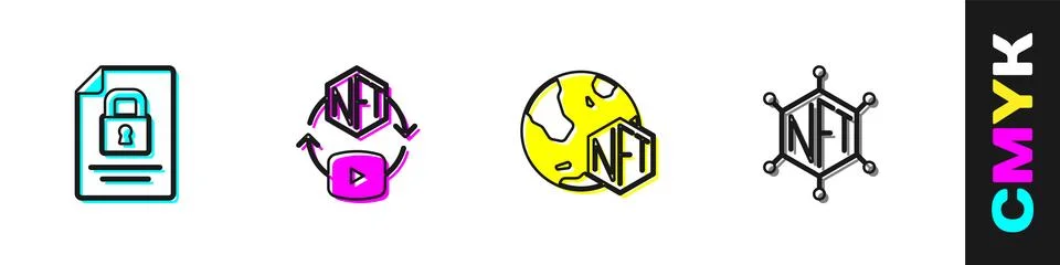 Set Document and lock, NFT Digital crypto art, and blockchain technology icon Stock Illustration