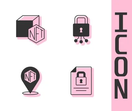 Set Document and lock, NFT Digital crypto art,  and Cyber security icon. Vect Stock Illustration