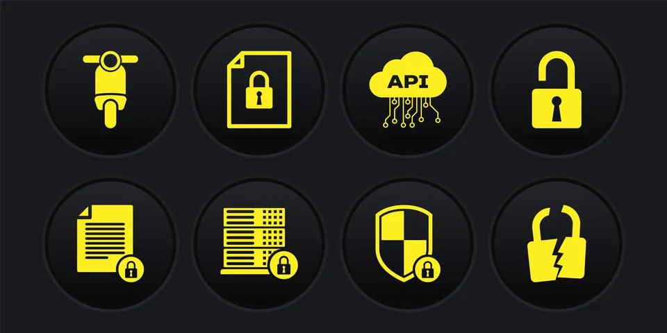 Set Document and lock, Open padlock, Server security with, Shield, Cloud api Stock Illustration