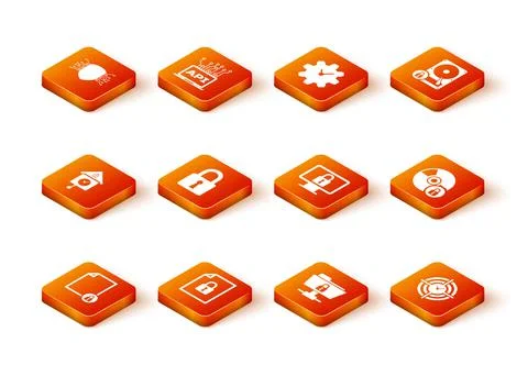 Set Document and lock, , Retro wall watch, Lock, FTP folder and on monitor icon Illustrazione stock