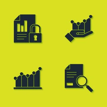 Set Document and lock, with search, Pie chart infographic and icon. Vector Illustrazione stock