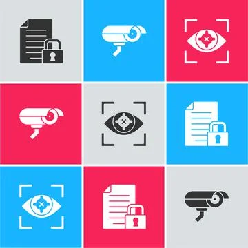 Set Document and lock, Security camera and Eye scan icon. Vector Illustrazione stock