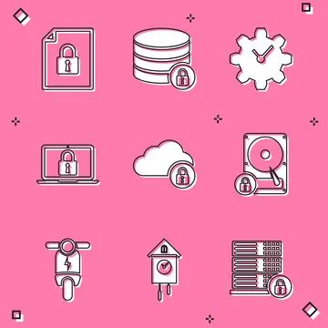 Set Document and lock, Server security with, Time Management, Laptop, Cloud Stock Illustration