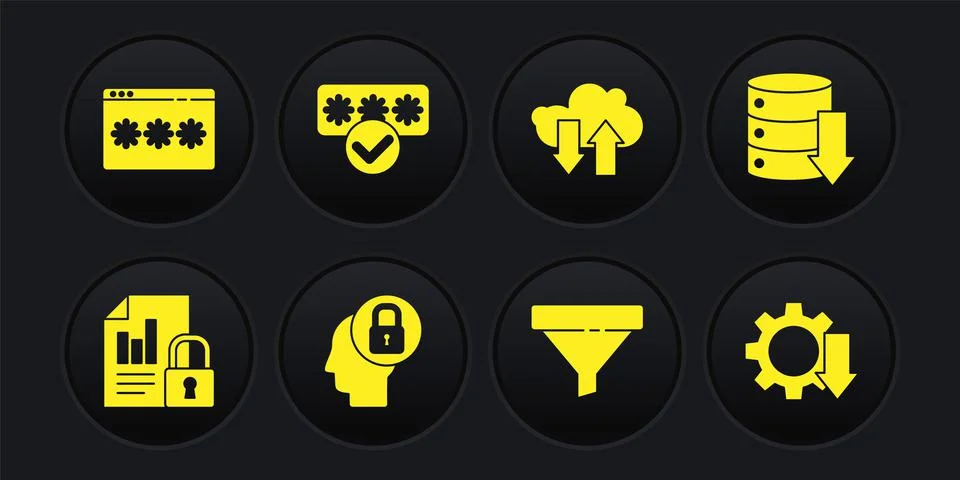 Set Document and lock, Server, Data, Web Hosting, Human head with, Sales funnel 스톡 일러스트