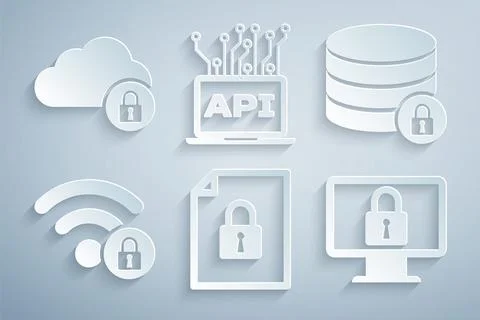 Set Document and lock, Server security with, Wifi locked, Lock on monitor Illustrazione stock