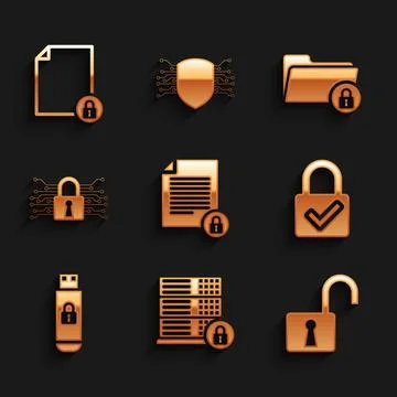 Set Document and lock, Server security with, Open padlock, Lock check mark,.. Illustrazione stock