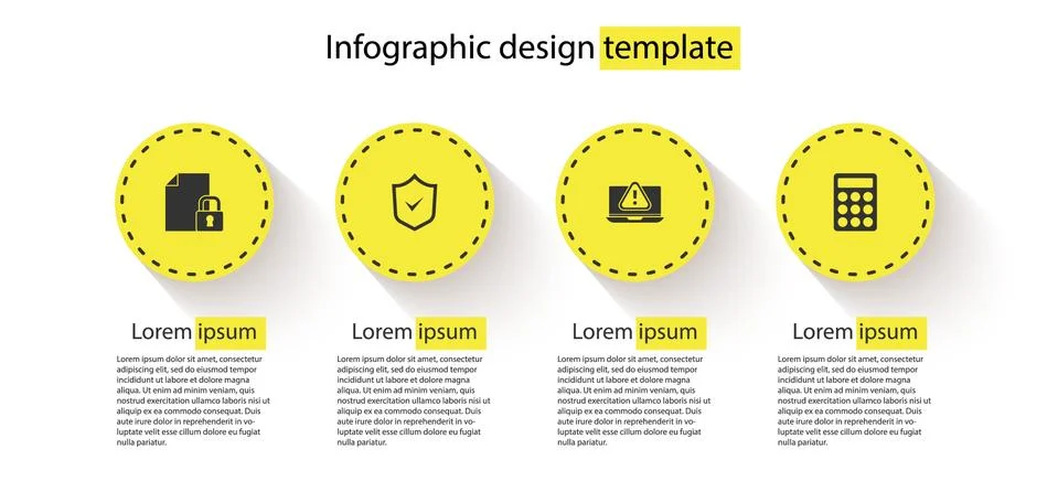 Set Document and lock, Shield with check mark, Laptop exclamation and Passwor 스톡 일러스트