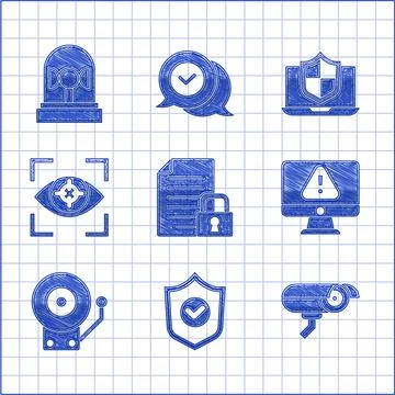Set Document and lock, Shield with check mark, Security camera, Monitor イラスト素材