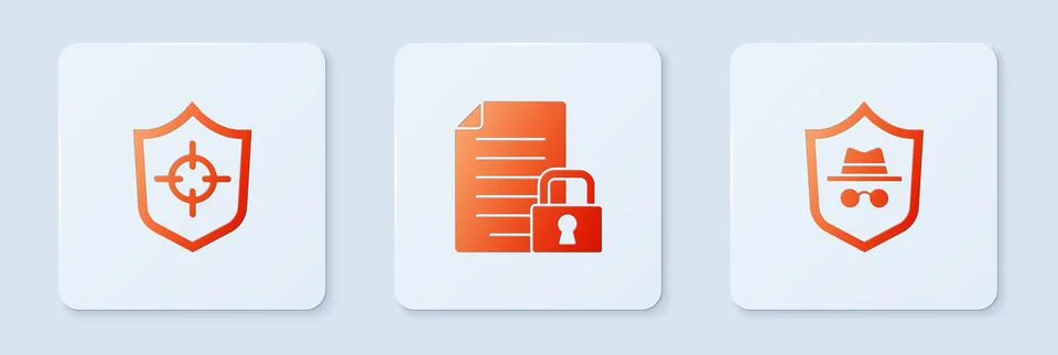 Set Document and lock, Shield and Incognito mode. White square button. Vector Illustrazione stock