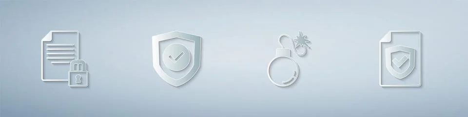 Set Document and lock, Shield with check mark, Bomb and Contract shield. Paper イラスト素材