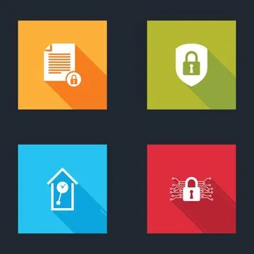 Set Document and lock, Shield security with, Retro wall watch and Cyber icon Illustrazione stock
