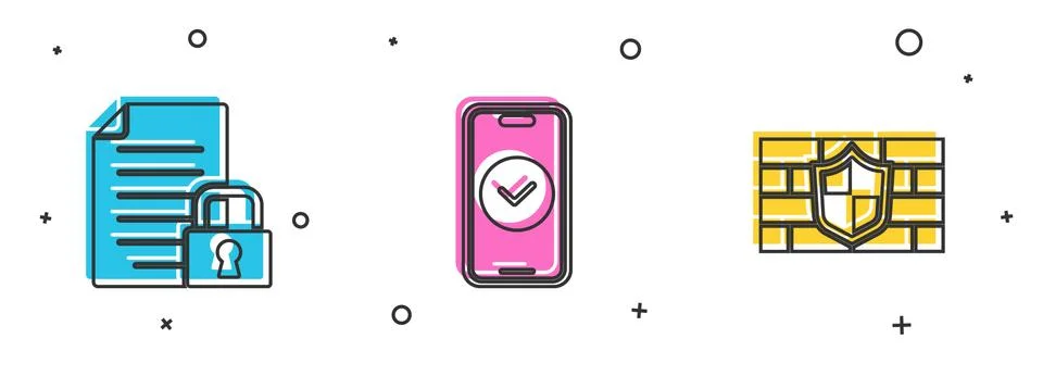 Set Document and lock, Smartphone and Shield with brick wall icon. Vector Illustrazione stock