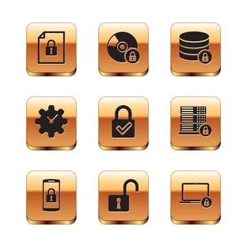 Set Document and lock, Smartphone with, Open padlock, Lock check mark, Time Stock Illustration