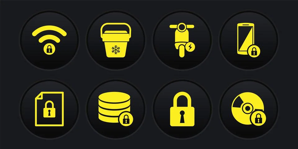 Set Document and lock, Smartphone with, Server security, Lock, Electric scooter Stock Illustration