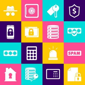 Set Document and lock, Spam, Password protection, Marked key, Secure your s.. Stockillustratie