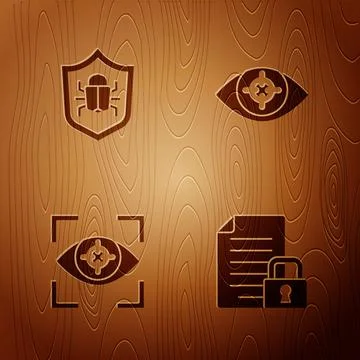Set Document and lock, System bug, Eye scan and on wooden background. Vector Stock Illustration
