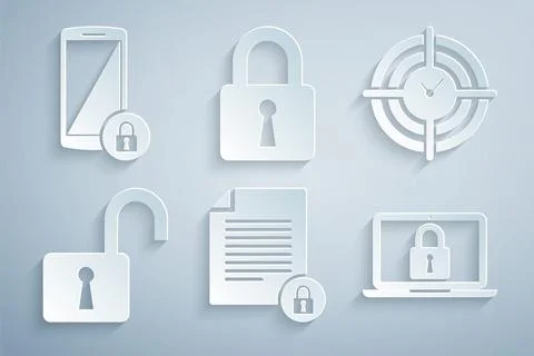 Set Document and lock, Time Management, Open padlock, Laptop, Lock and Stock Illustration