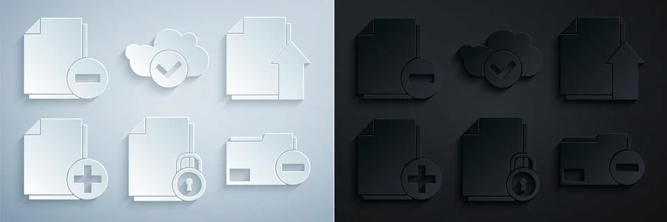 Set Document and lock, Upload file document, Add new, folder with minus, Cloud Illustrazione stock