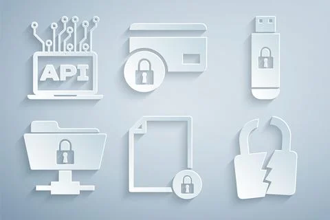 Set Document and lock, USB flash drive with, FTP folder, Broken or cracked Stock Illustration