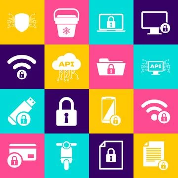 Set Document and lock, Wifi locked, Computer api interface, Laptop, Cloud a.. イラスト素材