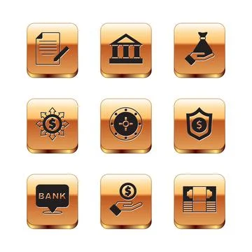 Set Document and pen, Bank building, Hand giving money, Safe, Dollar, share Ilustración de archivo