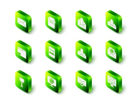 Set Document and pen, Outgoing mail, Upload inbox, Mail e-mail, Monitor envelope Illustrazione stock