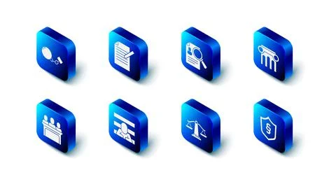 Set Document and pen, Paper analysis magnifying, Law pillar, Justice law shield Stock Illustration