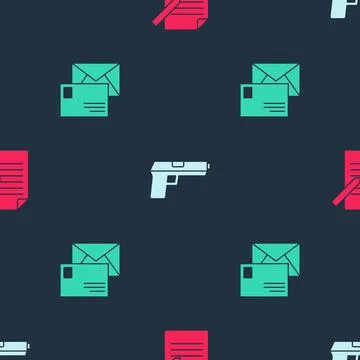 Set Document and pen, Pistol or gun and Envelope on seamless pattern. Vector イラスト素材