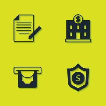 Set Document and pen, Shield with dollar, ATM money and Bank building icon... Ilustración de archivo