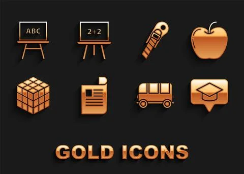 Set Document, Apple, Graduation cap in speech bubble, School Bus, Rubik cub.. 스톡 일러스트