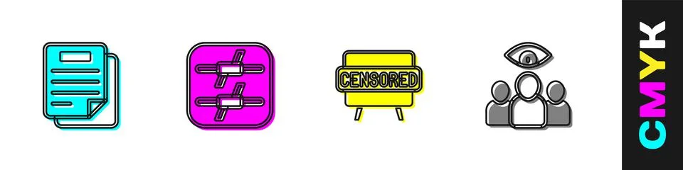 Set Document, Barbed wire, Censored stamp and Spy, agent icon. Vector 스톡 일러스트