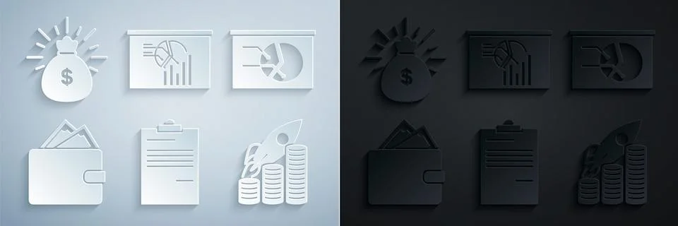 Set Document, Board with graph chart, Wallet stacks paper money cash, Rocket 库存插图