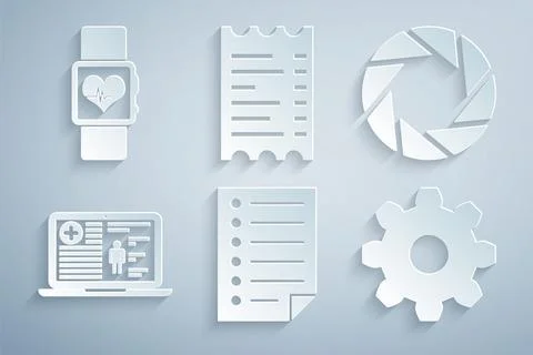 Set Document, Camera shutter, Medical clinical record, Cogwheel gear settings Ilustración de archivo