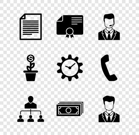 Set Document, Certificate template, Man with headset, Referral marketing, Stacks Stock Illustration