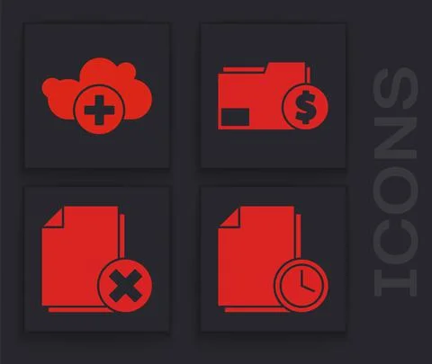 Set Document with clock, Add cloud, Finance document folder and Delete file Illustrazione stock