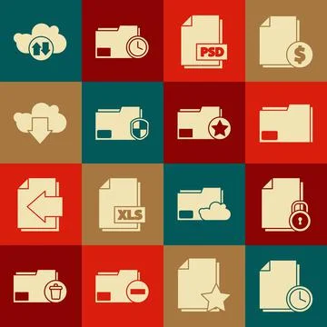 Set Document with clock, and, folder, PSD file document, protection, Cloud do Stock Illustration