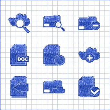 Set Document with clock, Cloud storage text document folder, and check mark, Add Stockillustratie